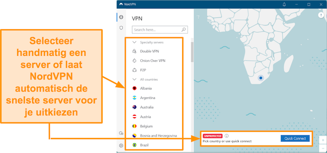 Schermafbeelding van de NordVPN-servers