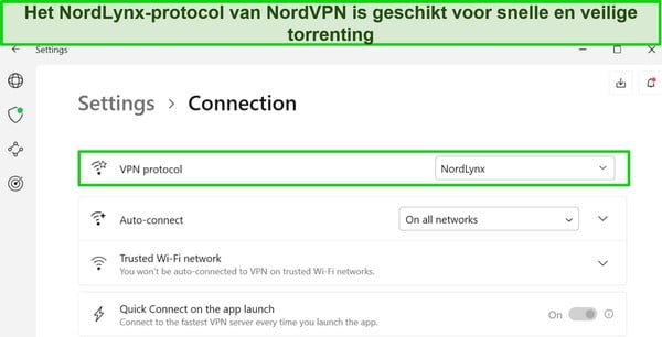 Schermafbeelding van de Windows-app van NordVPN waarin het geselecteerde NordLynx-protocol wordt weergegeven