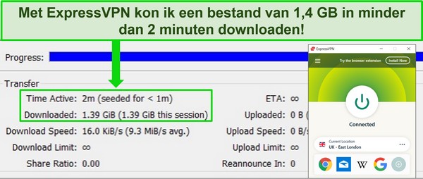 Screenshot van ExpressVPN verbonden met een Britse server met een torrent-client, met een downloadtijd van minder dan 2 minuten voor een bestand van 1,4 GB.