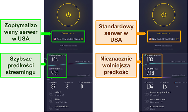 Zrzut ekranu wyników testu prędkości CyberGhost po podłączeniu do zoptymalizowanego serwera i standardowego serwera.