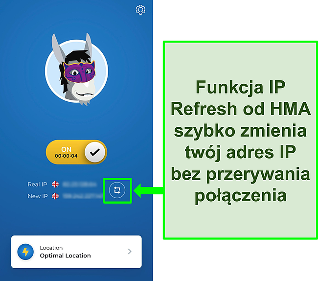 Zrzut ekranu funkcji odświeżania IP HMA.