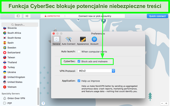 Zrzut ekranu pokazujący włączoną funkcję blokowania reklam i złośliwego oprogramowania CyberSec w NordVPN