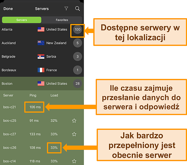 Zrzut ekranu aplikacji IPVanish na iOS z podświetlonymi informacjami o serwerze.