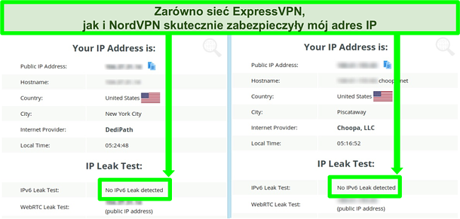 Zrzut ekranu pokazujący, że nie wykryto wycieku IPv6 zarówno dla NordVPN, jak i ExpressVPN