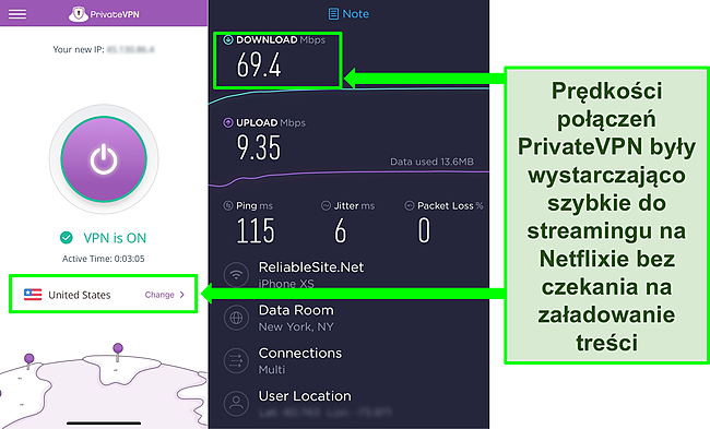 Zrzut ekranu PrivateVPN połączonego z serwerem w USA oraz wynik testu prędkości Ookla.