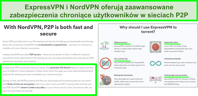 Zrzut ekranu przedstawiający strony internetowe NordVPN i ExpressVPN pokazujące, że obsługują one torrentowanie