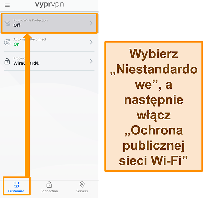 Zrzut ekranu ustawień ochrony publicznej sieci Wi-Fi VyprVPN.