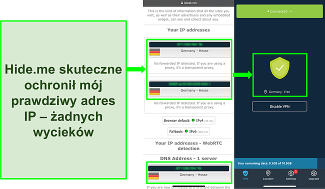 Zrzut ekranu przedstawiający brak wycieków adresów IP lub DNS w połączeniu VPN hide.me.