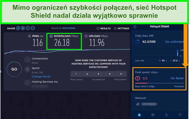Zrzut ekranu z wynikami testu szybkości podczas połączenia z interfejsem Hotspot Shield