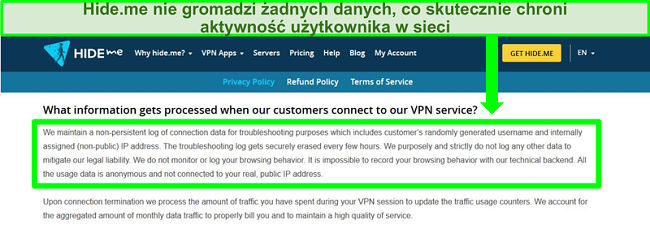 Zrzut ekranu polityki prywatności Hide.me pokazujący, że nie są przechowywane żadne dzienniki danych