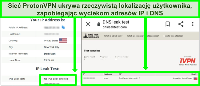 Zrzut ekranu z testu wycieku adresów DNS i IP pokazujący brak wycieków adresów IP podczas połączenia z ProtonVPN