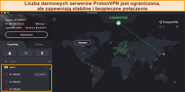 Zrzut ekranu Proton VPN połączonego z bezpłatnym serwerem w Japonii.