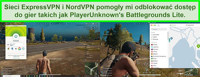 Zrzuty ekranu porównawcze użytkownika grającego w PlayUnknown's Battlegrounds Lite podczas połączenia odpowiednio z ExpressVPN i NordVPN