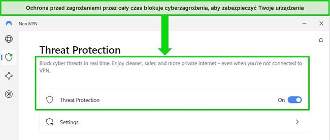 Zrzut ekranu aplikacji Windows NordVPN pokazujący, że funkcja Ochrona przed zagrożeniami jest zawsze włączona.