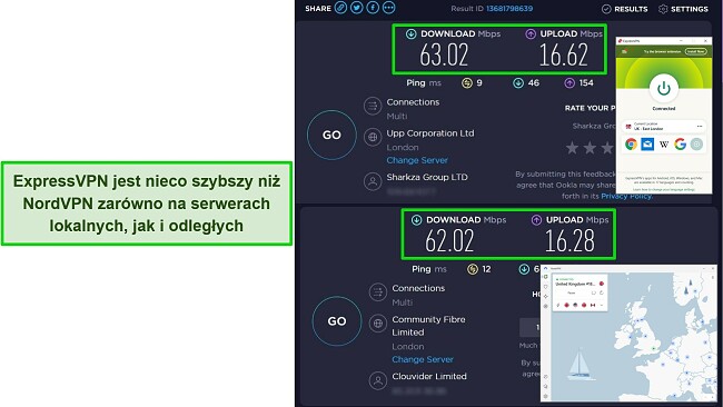 Zrzuty ekranu ExpressVPN i NordVPN połączone z serwerami w Wielkiej Brytanii, z wynikami testów szybkości Ookla pokazującymi, że ExpressVPN jest nieco szybszy.