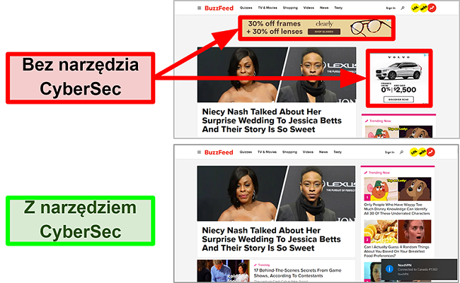 Zrzut ekranu strony głównej BuzzFeed z włączoną i wyłączoną funkcją CyberSec firmy NordVPN