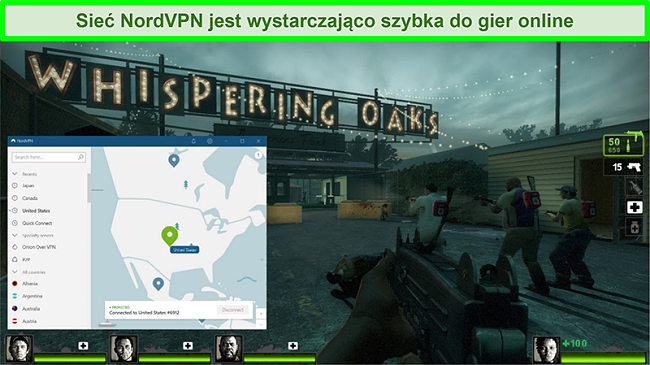 Zrzut ekranu przedstawiający połączenie NordVPN z serwerem w USA podczas gry Left 4 Dead 2