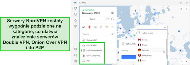 Przegląd obszaru wyboru serwerów specjalistycznych NordVPN.