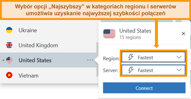 Zrzut ekranu przedstawiający opcje serwera NordVPN w USA, pokazujący najszybszy region i serwer