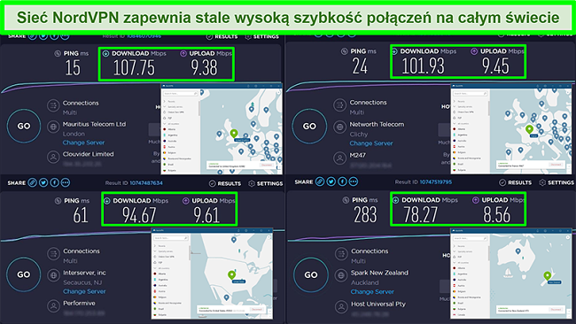 Zrzuty ekranu testów prędkości z NordVPN połączonym z różnymi globalnymi serwerami