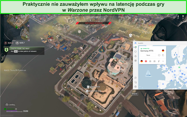 Granie w Call of Duty: Warzone po połączeniu z niemieckim serwerem NordVPN.