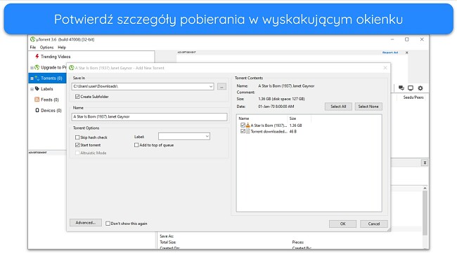 Zrzut ekranu przedstawiający wyskakujące okienko ze szczegółami pobierania w uTorrent