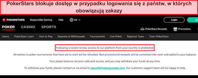 Wykryto obraz przedstawiający PokerStars blokujący dostęp do witryny ze względu na lokalizację poza regionem