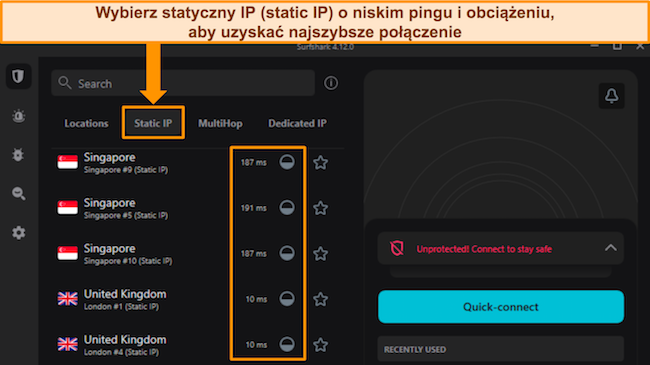 Aplikacja Surfshark dla systemu Windows wyświetlająca menu serwera statycznego IP, podświetlające informacje o pingu i obciążeniu użytkownika