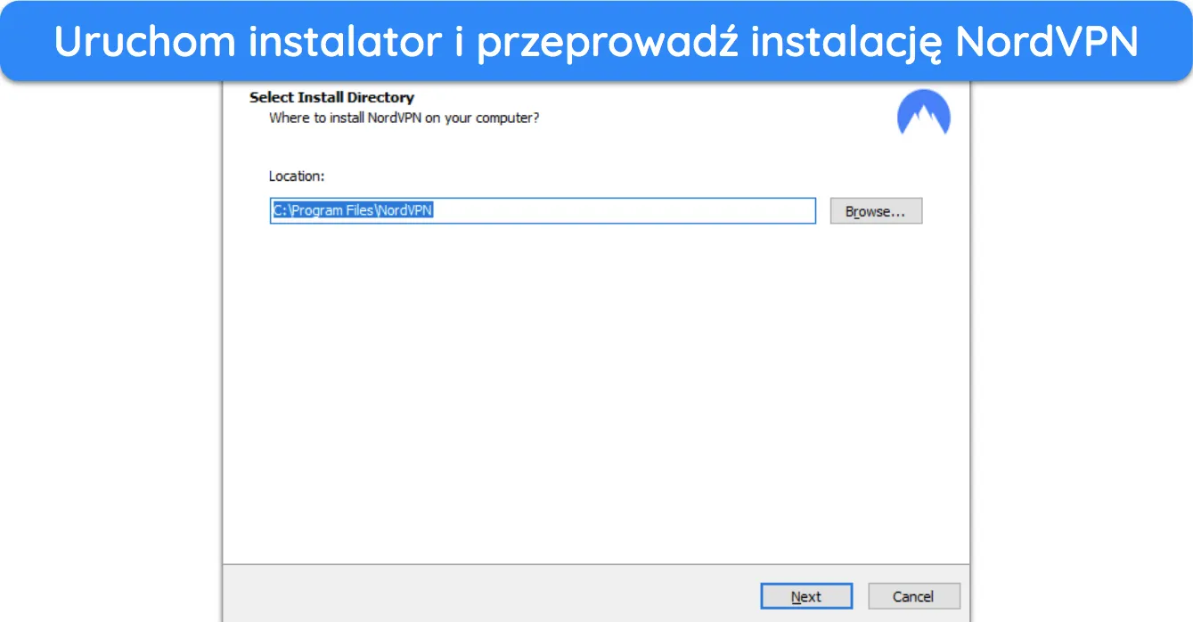 Zrzut ekranu pokazujący początek instalacji NordVPN w systemie Windows.
