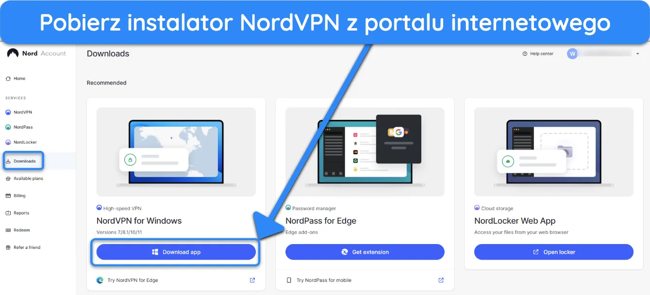 Zrzut ekranu pokazujący, jak można uzyskać konfigurację NordVPN z jego portalu internetowego.