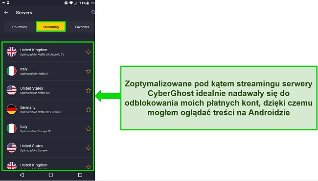 Zrzut ekranu menu serwera strumieniowego CyberGhost na Androida
