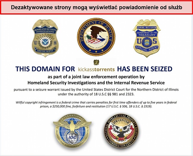 Zrzut ekranu przedstawiający domenę torrentów kickass, która została przejęta przez władze USA