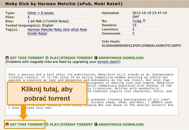 Zrzut ekranu strony pobierania torrentów w The Pirate Bay