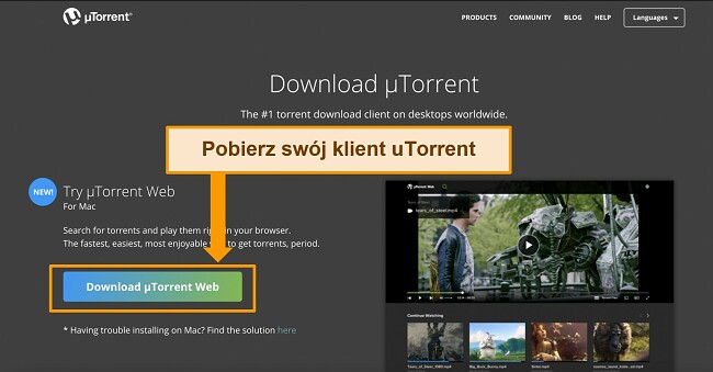 Zrzut ekranu strony pobierania klienta uTorrent