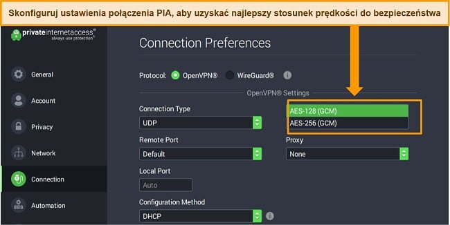 Zrzut ekranu aplikacji PIA dla systemu Windows z otwartymi preferencjami połączenia i podświetlonymi ustawieniami szyfrowania