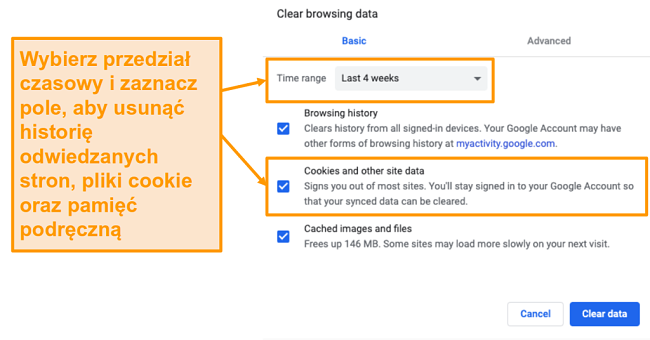 Zrzut ekranu przedstawiający czyszczenie pamięci podręcznej i historię przeglądania w Google Chrome