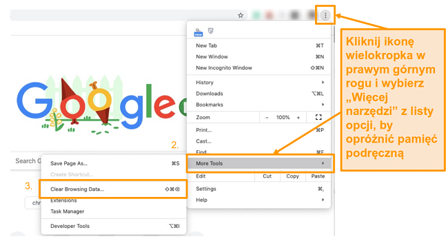  54/5000 Zrzut ekranu pokazujący, jak wyczyścić pamięć podręczną w Google Chrome
