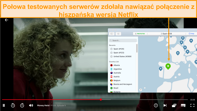 Zrzut ekranu przedstawiający NordVPN odblokowujący Netflix Hiszpania