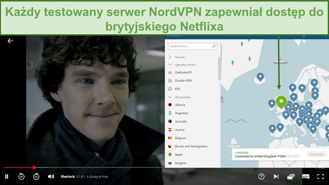 66/5000 Zrzut ekranu przedstawiający NordVPN odblokowujący Netflix UK podczas gry w Sherlocka