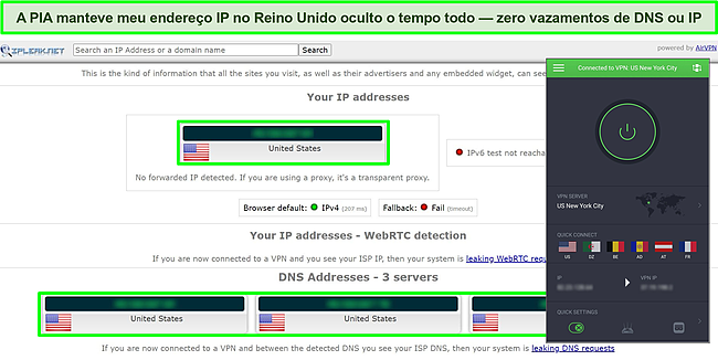 Captura de tela dos resultados do teste de vazamento de IP com PIA conectado a um servidor dos EUA.