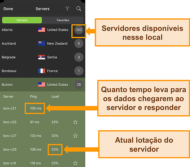 Captura de tela do aplicativo IPVanish iOS com informações do servidor em destaque.