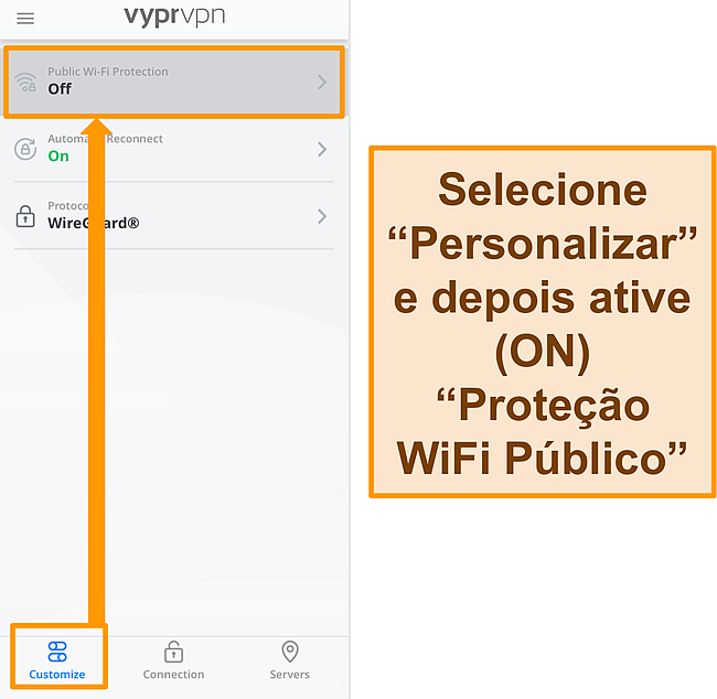Captura de tela da configuração de Proteção WiFi pública do VyprVPN.