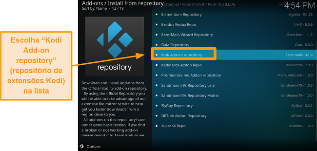 captura de tela de como instalar o complemento oficial do kodi, etapa cinco, clique no complemento do Kodi no repositório da lista