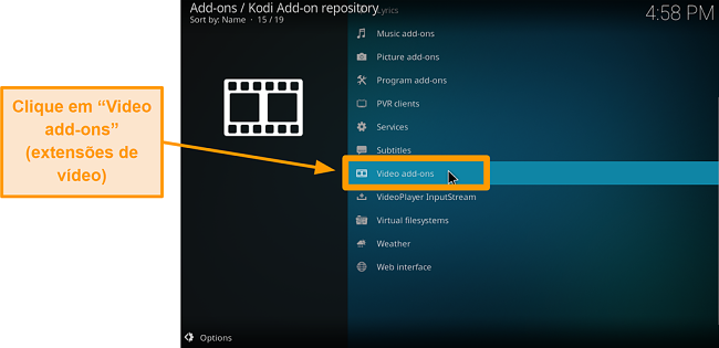 captura de tela de como instalar addons oficiais do kodi addon step six click addons de vídeo