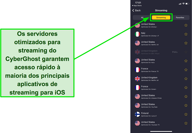 Uma captura de tela dos servidores otimizados para streaming do CyberGhost