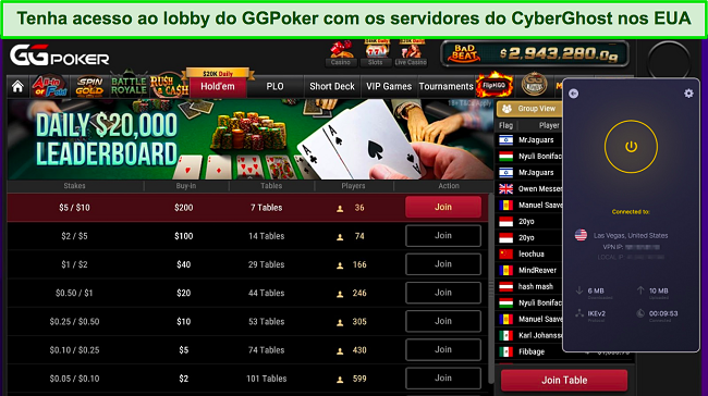 Captura de tela do lobby do jogo GGPoker usando o servidor da CyberGhost em Las Vegas, Nevada, EUA