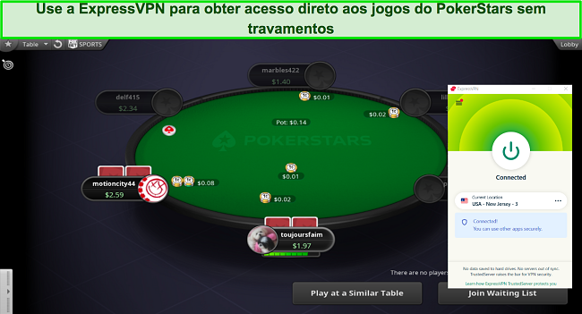Captura de tela do servidor da ExpressVPN em Nova Jersey acessando o aplicativo PokerStars para Windows