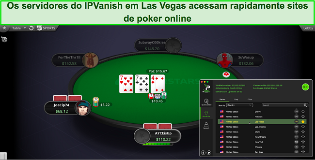 Captura de tela de um jogo de pôquer ativo usando o servidor IPVanish em Las Vegas, Nevada, EUA