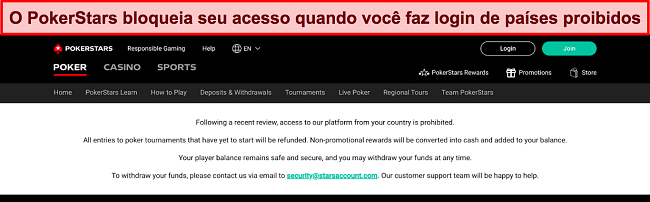 Captura de tela de mensagens de erro ao tentar acessar o PokerStars de um país restrito