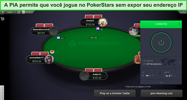 Captura de tela de um jogo do PokerStars enquanto o PIA está conectado a um servidor na Pensilvânia, EUA